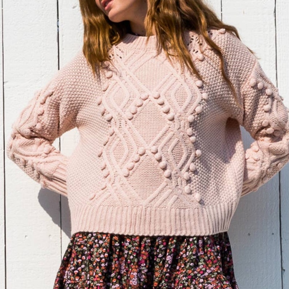 Light Pink Knit Diamond Pom Pom Sweater
